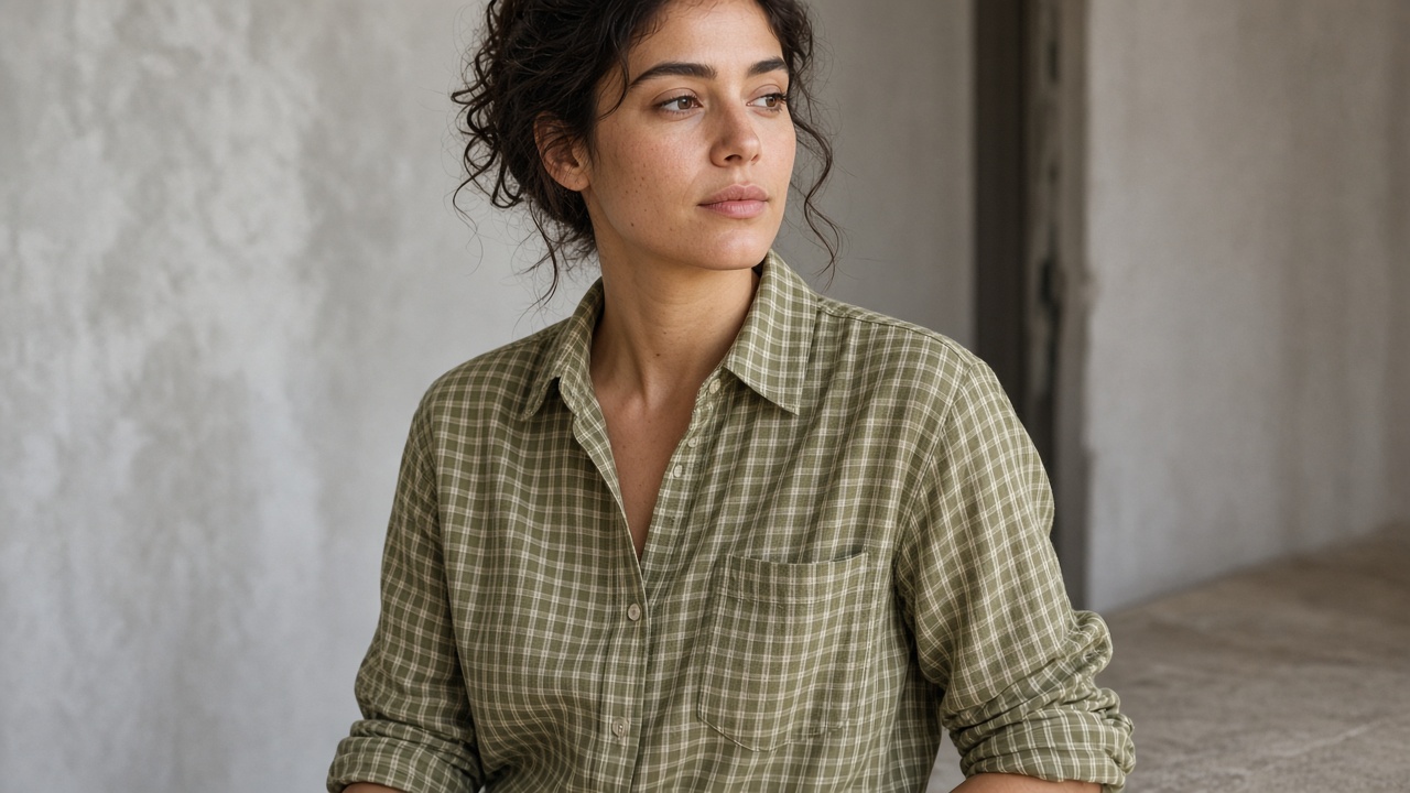 Person wearing an olive check shirt