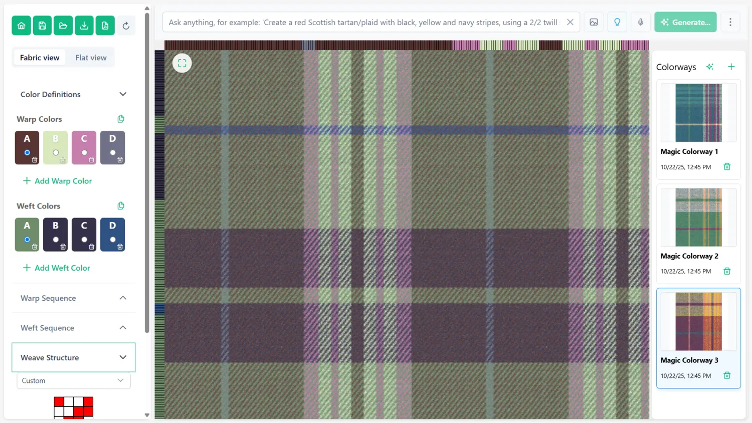 AI-powered plaid and check pattern generator interface showing fabric simulation tools